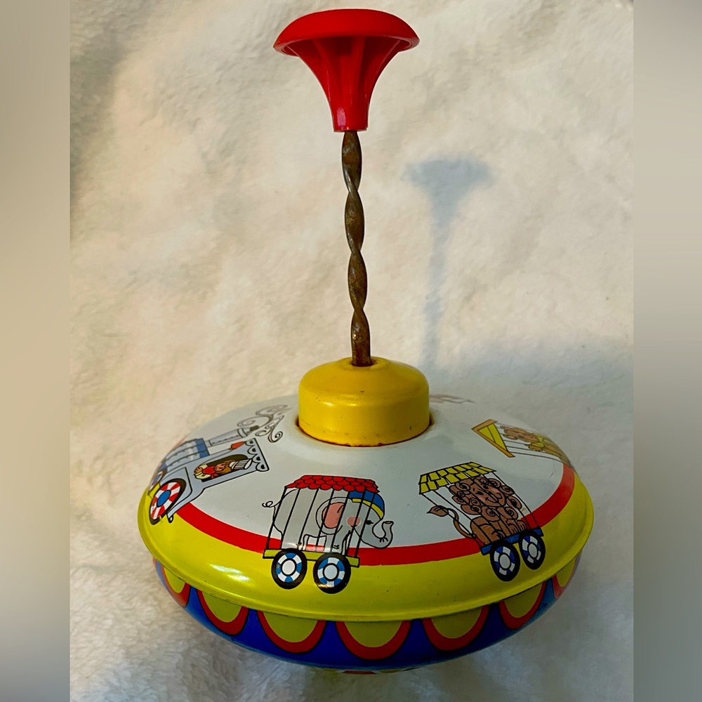 Vintage Ohio Art Circus Train Themed Tin Spinning Top 1960s